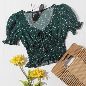 Ruffle Trim Shirred Polka-dot Print Top